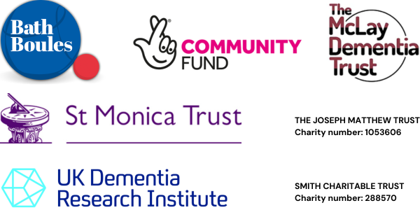 A list of ReMind UK funders and their logos, including the St Monica Trust, the UK Dementia Research Institute, the National Lottery Community Fund, the McLay Dementia Trust, Bath Boules, Smith Charitable Trust and The Joseph Matthew Trust.
